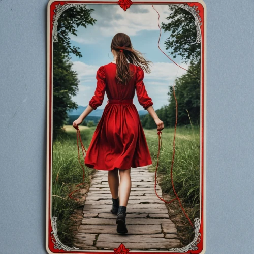 girl walking away,woman walking,red tunic,queen of hearts,card deck,lady in red,tea card,red coat,man in red dress,red heart medallion in hand,pathway,red border,girl on the stairs,red heart on railway,greeting card,red heart medallion on railway,weaver card,red ribbon,playing card,girl in a long dress from the back,Photography,General,Realistic