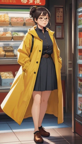 coat,long coat,trench coat,anime japanese clothing,summer coat,parka,deli,overcoat,woman shopping,convenience store,grocery,shopping icon,old coat,shopkeeper,woman holding pie,fashionable girl,winter clothing,coat color,jacket,subway,Illustration,Japanese style,Japanese Style 21