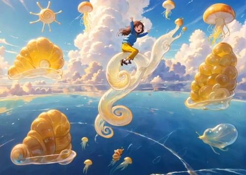 hot-air-balloon-valley-sky,flying seeds,fantasia,sea fantasy,exploration of the sea,flying dandelions,birds of the sea,flying noodles,the wind from the sea,god of the sea,ocean paradise,floating island,under sea,fairies aloft,cg artwork,star balloons,sea god,flying island,voyage,skyflower,Anime,Anime,Traditional
