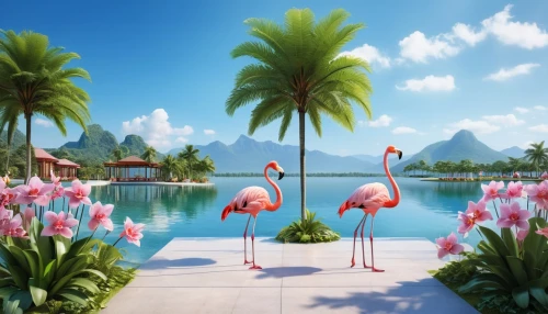 flamingos,flamingoes,cuba flamingos,flamingo couple,flamingo,pink flamingos,two flamingo,pink flamingo,flamingo pattern,tropical birds,tropical island,seaside resort,greater flamingo,umbrella beach,summer beach umbrellas,delight island,resort,tropical beach,bird island,coconut trees,Photography,General,Realistic