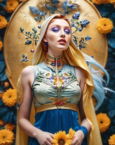 girl in flowers,elven flower,sun flowers,flower fairy,fantasy portrait,beautiful girl with flowers,spring equinox,fantasy art,woodland sunflower,wreath of flowers,girl in a wreath,flora,mystical portrait of a girl,golden flowers,virgo,tilda,flowers celestial,fantasy picture,fairy queen,blue petals