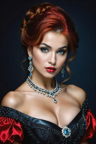 queen of hearts,victorian lady,miss circassian,redhead doll,celtic woman,red russian,gothic portrait,bridal jewelry,jeweled,romantic portrait,vampire woman,fairy tale character,ball gown,princess anna,pearl necklace,fantasy woman,bridal accessory,red-haired,celtic queen,attractive woman,Photography,General,Cinematic