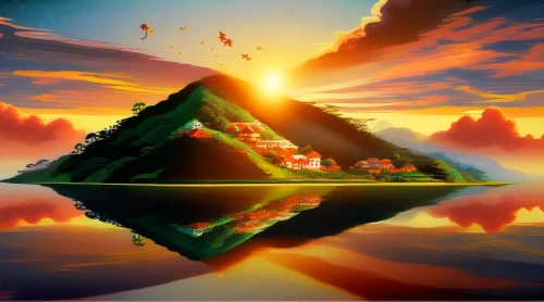 triangles background,cartoon video game background,landscape background,3d fantasy,world digital painting,3d background,floating island,fractal environment,fantasy landscape,mountain sunrise,fractals art,full hd wallpaper,pyramids,morning illusion,panoramical,arabic background,low poly,art background,mountain world,virtual landscape