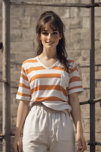 horizontal stripes,cotton top,striped background,girl in overalls,stripes,retro woman,bleachers,retro girl,adorable,paloma,sarah,lori,in a shirt,girl in a historic way,60s,overalls,striped,polo shirt,cute,stripe,Photography,Natural