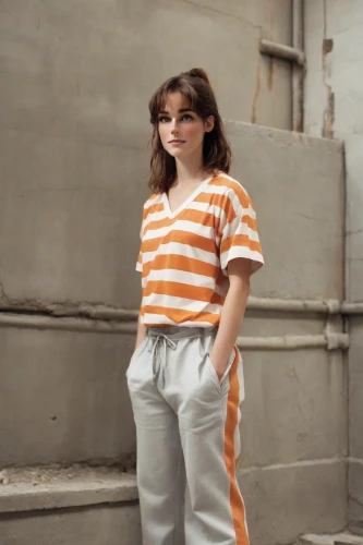 horizontal stripes,stripes,striped,stripe,striped background,daisy jazz isobel ridley,menswear for women,bjork,the style of the 80-ies,pin stripe,girl in overalls,central stripe,trousers,70s,1980s,tangerine,candy cane stripe,liberty cotton,orange,retro girl,Photography,Natural