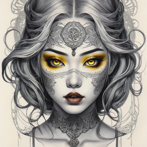 fantasy portrait,gold filigree,gold foil mermaid,zodiac sign libra,golden mask,mystical portrait of a girl,gold foil art,zodiac sign gemini,priestess,masquerade,fantasy art,the enchantress,filigree,medusa,gold mask,fantasy woman,gemini,foil and gold,faun,masque,Illustration,Realistic Fantasy,Realistic Fantasy 07