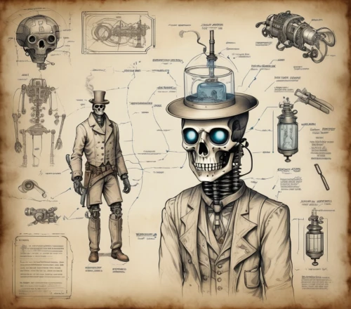 steampunk,theoretician physician,biologist,watchmaker,investigator,medical concept poster,clockmaker,apothecary,steampunk gears,ship doctor,diving helmet,game illustration,stovepipe hat,vintage skeleton,poison bottle,pathologist,doctoral hat,engineer,physician,skull bones,Unique,Design,Blueprint