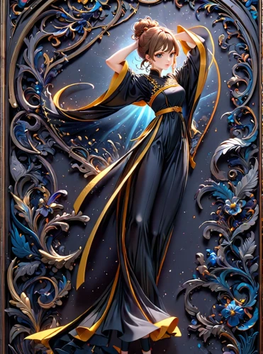 art nouveau frame,abaya,constellation lyre,fairy tale character,sorceress,lady of the night,queen of the night,art nouveau frames,art nouveau,celtic queen,zodiac sign libra,goddess of justice,priestess,art nouveau design,weaver card,cg artwork,frame illustration,frame border illustration,fantasia,lady justice,Anime,Anime,General