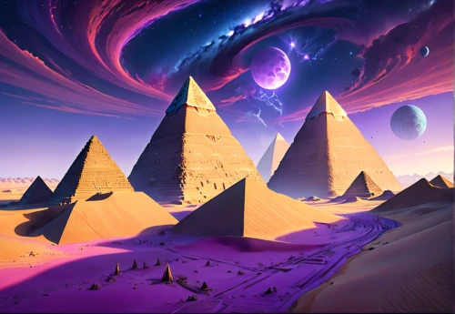 pyramids,pyramid,triangles background,eastern pyramid,kharut pyramid,alien world,alien planet,vast,fractal environment,step pyramid,the great pyramid of giza,giza,russian pyramid,fractals art,fantasy picture,dimensional,dune,planet alien sky,futuristic landscape,background image,Anime,Anime,General