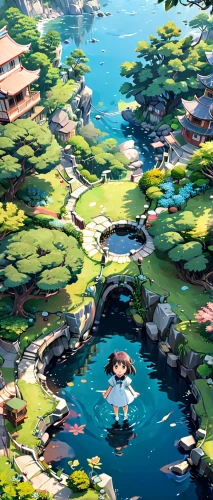 popeye village,fishing village,floating islands,archipelago,hobbiton,islands,escher village,villages,alpine village,mountain village,japan landscape,floating huts,an island far away landscape,artificial islands,meteora,studio ghibli,monkey island,world digital painting,ginkaku-ji,golf resort,Anime,Anime,Traditional