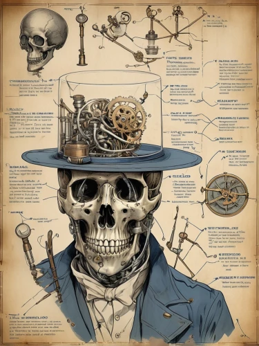 doctoral hat,skull bones,steampunk,anatomical,biologist,cowboy bone,skeletal structure,watchmaker,steampunk gears,pathologist,fish-surgeon,theoretician physician,investigator,scull,medical concept poster,physician,palaeontology,mindmap,scrap collector,human anatomy,Unique,Design,Blueprint