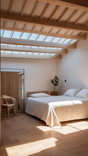 wooden beams,wooden roof,skylight,folding roof,canopy bed,loft,daylighting,attic,japanese-style room,roof lantern,sleeping room,roof landscape,modern room,bed frame,house roof,flat roof,bedroom,dormer window,concrete ceiling,guest room,Photography,General,Realistic