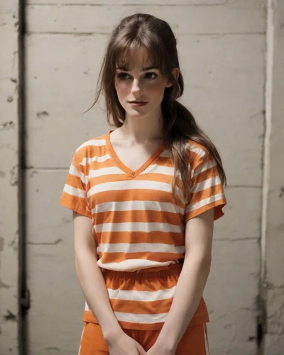 orange,horizontal stripes,detention,clementine,video scene,adorable,child girl,teen,girl in overalls,cute,prisoner,baby carrot,liberty cotton,overalls,orange half,orange color,portrait of a girl,daisy 2,innocence,the little girl,Photography,Natural