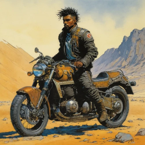 bonneville,motorcyclist,motorcycles,motorcycle,motorcycling,motorbike,biker,mad max,renegade,motorcycle racer,ride out,triumph,john day,pompadour,sci fiction illustration,cafe racer,motorcycle tour,desert run,w100,motor-bike,Illustration,Realistic Fantasy,Realistic Fantasy 06