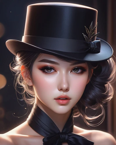 black hat,bowler hat,girl wearing hat,top hat,the hat-female,victorian lady,fantasy portrait,romantic portrait,panama hat,hat,fedora,portrait background,hat retro,the hat of the woman,leather hat,asian conical hat,cosmetic brush,ladies hat,stovepipe hat,beret,Conceptual Art,Fantasy,Fantasy 15