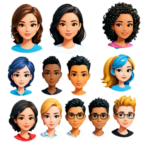 vector people,cartoon people,retro cartoon people,avatars,hairstyles,people characters,game characters,characters,baby icons,fairy tale icons,set of icons,social icons,party icons,icon set,diverse family,diverse,kids illustration,teens,download icon,personages