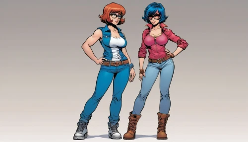 stand models,two girls,concept art,cowgirls,duo,lupin,bluejeans,costume design,vilgalys and moncalvo,birds of prey,sea scouts,skinny jeans,bad girls,retro cartoon people,booties,lancers,denim shapes,fashion dolls,high jeans,x and o,Illustration,American Style,American Style 04