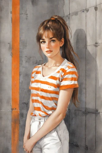 portrait of a girl,young woman,striped background,oil painting,oil on canvas,orange,girl on the stairs,girl in t-shirt,girl with cloth,girl portrait,portrait background,girl in the kitchen,retro girl,girl in overalls,girl in a long,painter doll,audrey,the girl at the station,girl in a historic way,horizontal stripes,Digital Art,Watercolor