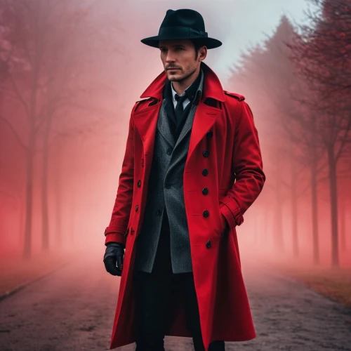 red coat,overcoat,long coat,red cape,trench coat,man in red dress,sherlock holmes,coat,detective,frock coat,holmes,old coat,red riding hood,red russian,sherlock,dracula,red smoke,black coat,red double,investigator,Photography,General,Realistic