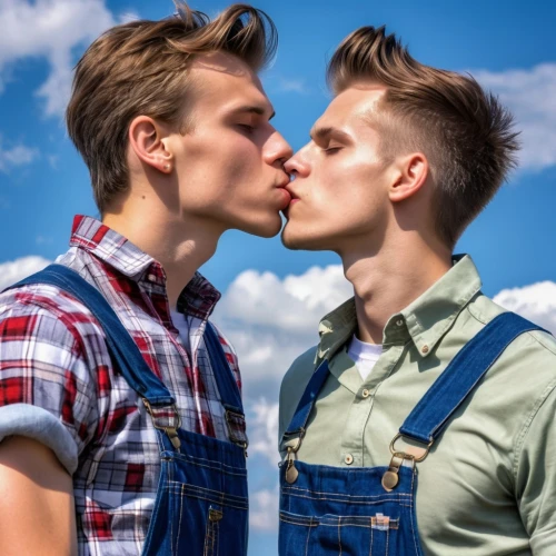 gay love,glbt,gay couple,gay men,overalls,making out,cheek kissing,kissing,photo shoot for two,vintage boy and girl,fuller's london pride,inter-sexuality,blue-collar,partnerlook,shepherd romance,lgbtq,amorous,girl in overalls,young couple,superfruit,Photography,General,Realistic