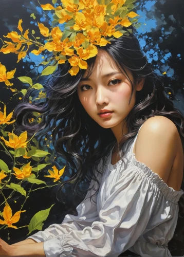girl in flowers,oil painting on canvas,falling flowers,yellow petals,han thom,flower painting,girl picking flowers,beautiful girl with flowers,oil painting,japanese art,mari makinami,girl in a wreath,janome chow,mystical portrait of a girl,japanese woman,orange blossom,flower art,chinese art,vietnamese woman,yellow petal,Illustration,Japanese style,Japanese Style 18
