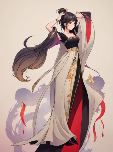 wuchang,long-haired hihuahua,hwachae,oriental princess,mulan,sword lily,kitsune,crow queen,hanbok,mukimono,ephedra,the son of lilium persicum,imperial coat,kimono,jasmine blossom,priestess,xiaochi,guilinggao,dragon li,lilikoi,Illustration,Japanese style,Japanese Style 03