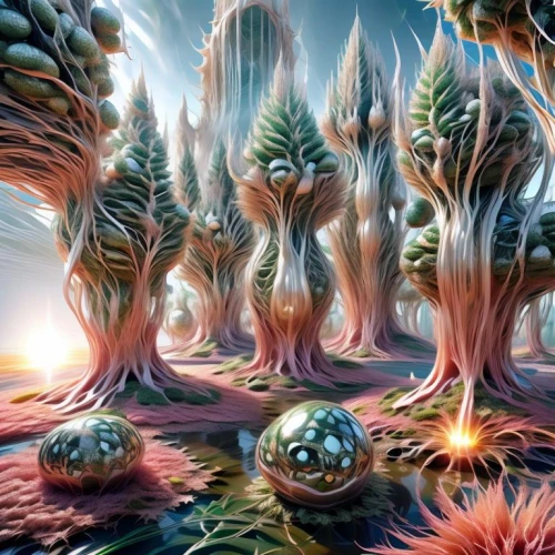 alien planet,alien world,mushroom landscape,mandelbulb,fractals art,fractal environment,mushroom island,tree grove,fantasy landscape,terraforming,futuristic landscape,swampy landscape,alien invasion,fantasy art,extraterrestrial life,3d fantasy,planet eart,fractalius,psychedelic art,spore