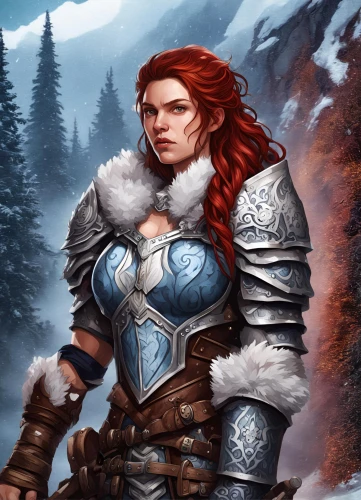 female warrior,massively multiplayer online role-playing game,dwarf sundheim,heroic fantasy,winterblueher,northrend,sterntaler,swordswoman,suit of the snow maiden,heavy armour,paladin,breastplate,fantasy portrait,warrior woman,portrait background,the snow queen,arcanum,dane axe,celtic queen,fantasy art
