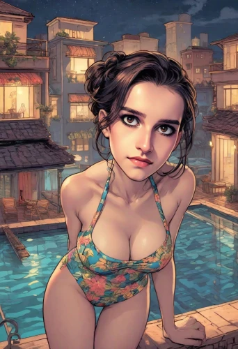 sanya,maya,game illustration,bali,hot spring,honmei choco,wet girl,rockabella,oriental girl,veronica,beach background,swimsuit,geisha,hong,one-piece swimsuit,pool water,summer background,dusk background,pool,sexy woman,Digital Art,Comic