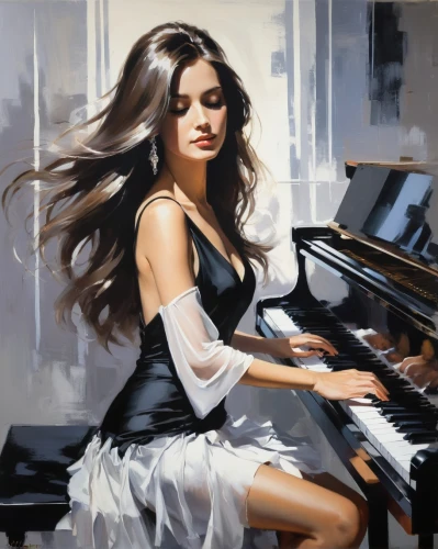 piano player,pianist,concerto for piano,woman playing,play piano,piano,piano lesson,piano keyboard,jazz pianist,steinway,musician,art painting,the piano,keyboard player,oil painting on canvas,oil painting,grand piano,pianet,keyboard instrument,piano notes,Conceptual Art,Oil color,Oil Color 09