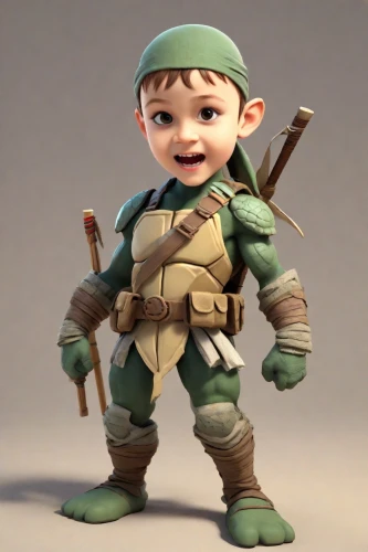 scandia gnome,monkey soldier,gnome,elf,teenage mutant ninja turtles,3d model,raphael,pubg mascot,robin hood,troop,dwarf,baby elf,dwarf sundheim,barbarian,male elf,scout,cute cartoon character,character animation,patrol,war monkey,Digital Art,3D