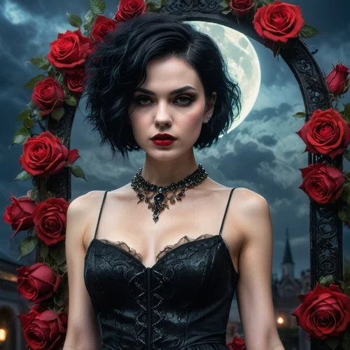 black rose,vampire woman,gothic woman,black rose hip,gothic fashion,gothic portrait,vampire lady,goth woman,with roses,red rose,queen of hearts,romantic rose,rosa,gothic dress,dark gothic mood,queen of the night,way of the roses,gothic style,arrow rose,red roses,Photography,General,Fantasy