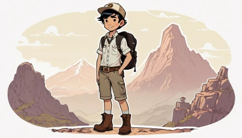 mountain guide,hiker,park ranger,adventurer,biologist,scout,geologist,flat blogger icon,mountaineer,dipper,2d,main character,male character,altiplano,the wanderer,newt,trail searcher munich,animated cartoon,indiana jones,mountain fink,Illustration,Children,Children 04