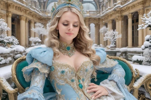 the snow queen,suit of the snow maiden,versailles,cinderella,elsa,winterblueher,ice queen,white rose snow queen,ice princess,princess sofia,catherine's palace,winter dress,venetia,rococo,peterhof palace,almudena,glory of the snow,fantasy picture,christmas woman,blue snowflake,Photography,Realistic