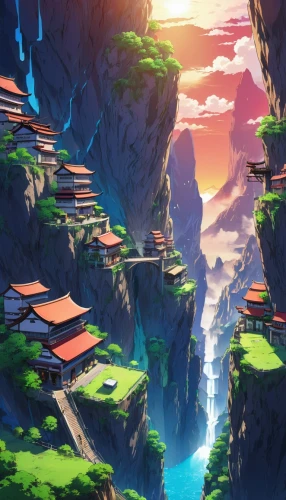 meteora,japan landscape,torii,futuristic landscape,tsukemono,ancient city,canyon,valley,studio ghibli,fantasy landscape,aurora village,mountain world,mountain village,kyoto,ginkaku-ji,ryokan,japanese mountains,mountain settlement,japanese background,high landscape,Illustration,Japanese style,Japanese Style 03