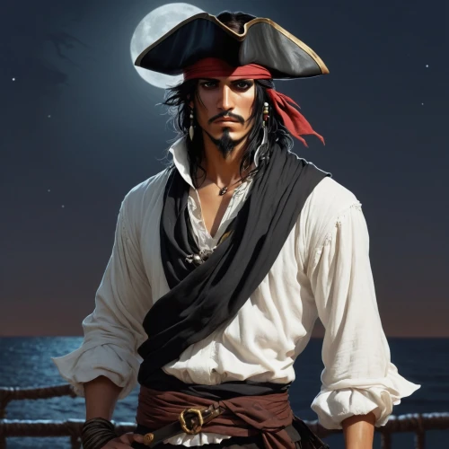 pirate,pirate treasure,pirates,pirate flag,jolly roger,piracy,east indiaman,galleon,caravel,rum,mayflower,captain,mariner,carrack,scarlet sail,male character,seafarer,nautical star,star of the cape,conquistador,Illustration,Realistic Fantasy,Realistic Fantasy 07