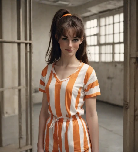 detention,orange robes,orange,prisoner,horizontal stripes,prison,the girl in nightie,tiger lily,british actress,sigourney weave,liberty cotton,baby doll,hard candy,clementine,60s,stripes,clove,onesie,a uniform,pajamas,Photography,Natural