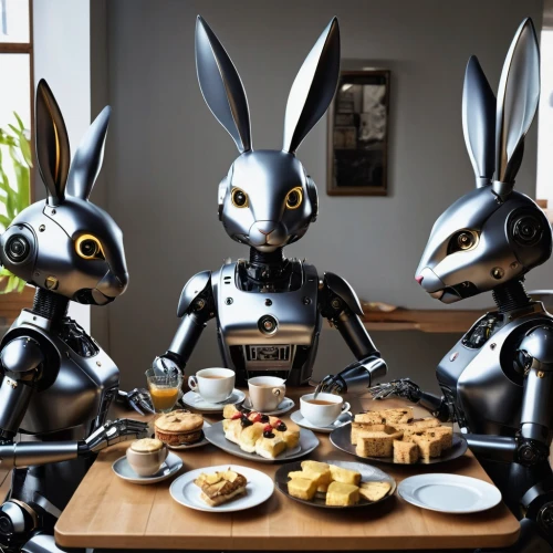 anthropomorphized animals,spoon-billed,easter brunch,breakfast buffet,breakfast table,teatime,revoltech,waiting staff,robots,tea party,metal toys,family dinner,dining,marzipan figures,diner,dinner party,tea time,business meeting,foodies,fondue