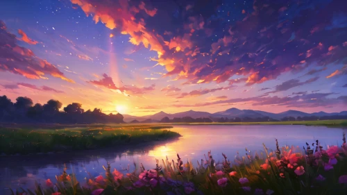 landscape background,fantasy landscape,meadow landscape,purple landscape,beautiful landscape,salt meadow landscape,evening lake,nature landscape,blooming field,river landscape,beautiful lake,heaven lake,sea of flowers,meadow in pastel,summer meadow,fantasy picture,flower field,incredible sunset over the lake,landscape nature,full hd wallpaper,Photography,General,Natural