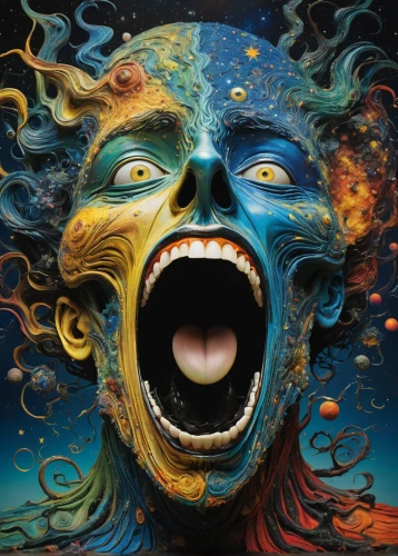 psychedelic art,astonishment,scream,psychosis,hallucinogenic,shamanic,bodypainting,anger,fractalius,exploding head,scared woman,poseidon god face,dead earth,mystique,rage,tour to the sirens,corrosion,woman face,death's head,corroded,Conceptual Art,Oil color,Oil Color 11