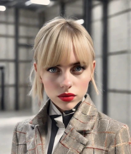 woman in menswear,doll's facial features,asymmetric cut,pixie-bob,bolero jacket,red lips,blond girl,blonde woman,red lipstick,buffalo plaid,fashion doll,lily-rose melody depp,doll face,realdoll,blazer,blonde girl,smart look,greta oto,cool blonde,pixie cut,Photography,Commercial