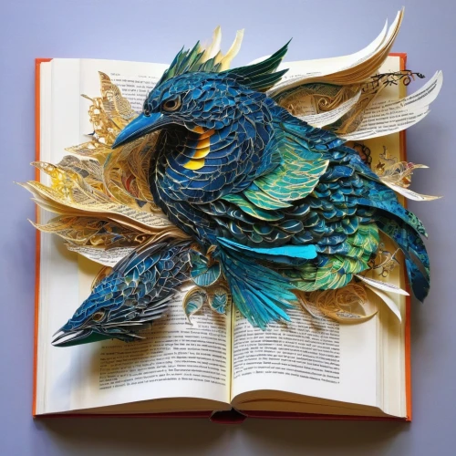 an ornamental bird,ornamental bird,paper art,reading owl,bird illustration,bird painting,decoration bird,blue parrot,colorful birds,whimsical animals,raven sculpture,flower and bird illustration,bookmark with flowers,book pages,blue bird,bookmark,bird drawing,feathers bird,blue birds and blossom,blue and gold macaw,Unique,Paper Cuts,Paper Cuts 01