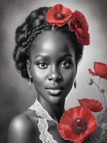 african woman,beautiful african american women,remembrance day,african american woman,nigeria woman,red poppy,digital painting,red poppies,red roses,romantic portrait,girl in a wreath,afro american girls,red rose,flower girl,beautiful girl with flowers,world digital painting,flowers png,portrait background,valentine pin up,rose png
