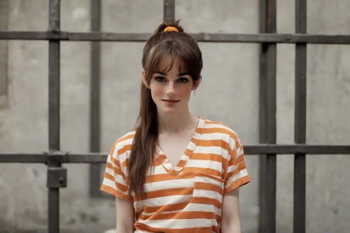 horizontal stripes,tiger lily,realdoll,doll's facial features,agnes,pin stripe,bangs,murcott orange,vintage girl,striped background,feist,actress,liberty cotton,melody,retro girl,pippi longstocking,like doll,the girl in nightie,orange,girl doll,Photography,Natural