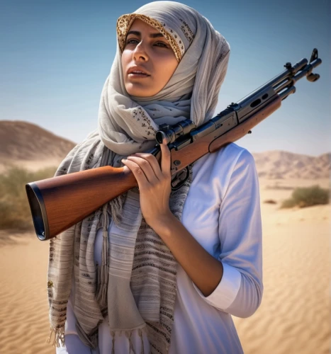 girl with gun,woman holding gun,girl with a gun,hijaber,islamic girl,muslim woman,hijab,bedouin,arab,violin woman,libyan desert,arabian,muslim background,girl in a historic way,capture desert,muslima,jordanian,middle eastern,woman playing violin,rifle,Photography,General,Realistic