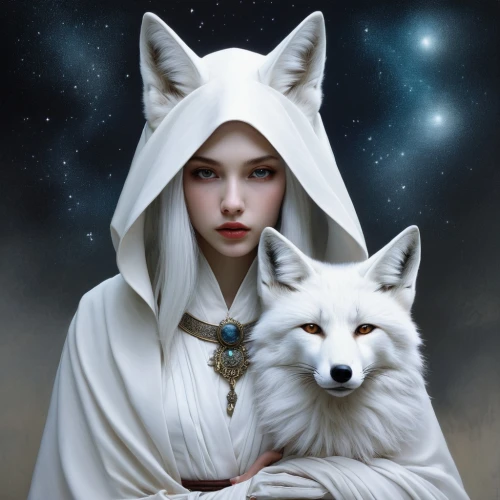 white shepherd,kitsune,constellation wolf,white dog,white rose snow queen,priestess,berger blanc suisse,fantasy portrait,fantasy art,fantasy picture,howling wolf,the snow queen,mystical portrait of a girl,white cat,sorceress,two wolves,american eskimo dog,fairy tale icons,white lady,suit of the snow maiden,Illustration,Realistic Fantasy,Realistic Fantasy 07