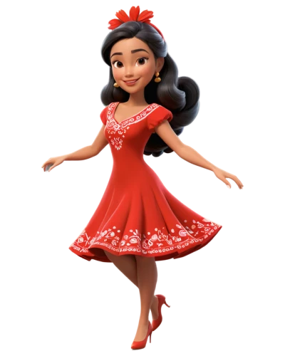 a girl in a dress,hula,tiana,lilo,girl in red dress,hoopskirt,princess sofia,doll dress,disney character,flamenco,moana,little girl twirling,princess anna,agnes,female doll,dress doll,3d figure,man in red dress,quinceañera,mulan