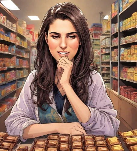 girl with bread-and-butter,clove,woman holding pie,deli,supermarket shelf,bakery,chocolatier,woman with ice-cream,supermarket,woman shopping,grocer,grocery store,shopping icon,clove-clove,shopkeeper,cookies and crackers,grocery shopping,grocery,besan barfi,baklava,Digital Art,Comic