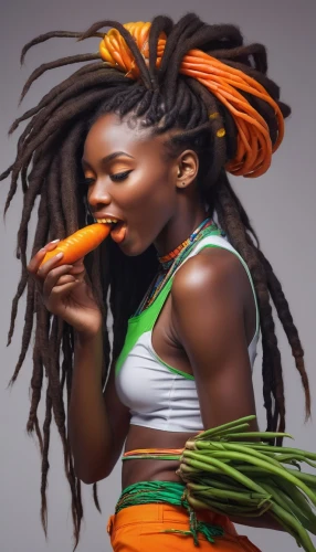 woman eating apple,callaloo,safflower,rasta flag,african woman,dreadlocks,saba banana,rastaman,vegan nutrition,senegal,nigeria woman,raw food,diet icon,african culture,african american woman,afroamerican,jollof rice,blood orange,orange,maria bayo,Conceptual Art,Fantasy,Fantasy 03