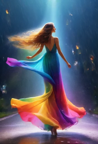 rainbow background,girl in a long dress,celtic woman,monsoon banner,rainbow and stars,rainbow,colorful light,spark of shower,the festival of colors,rainbow colors,rainbow pencil background,rainbow waves,whirling,divine healing energy,fantasy picture,walking in the rain,rainbow rose,little girl in wind,monsoon,spectra